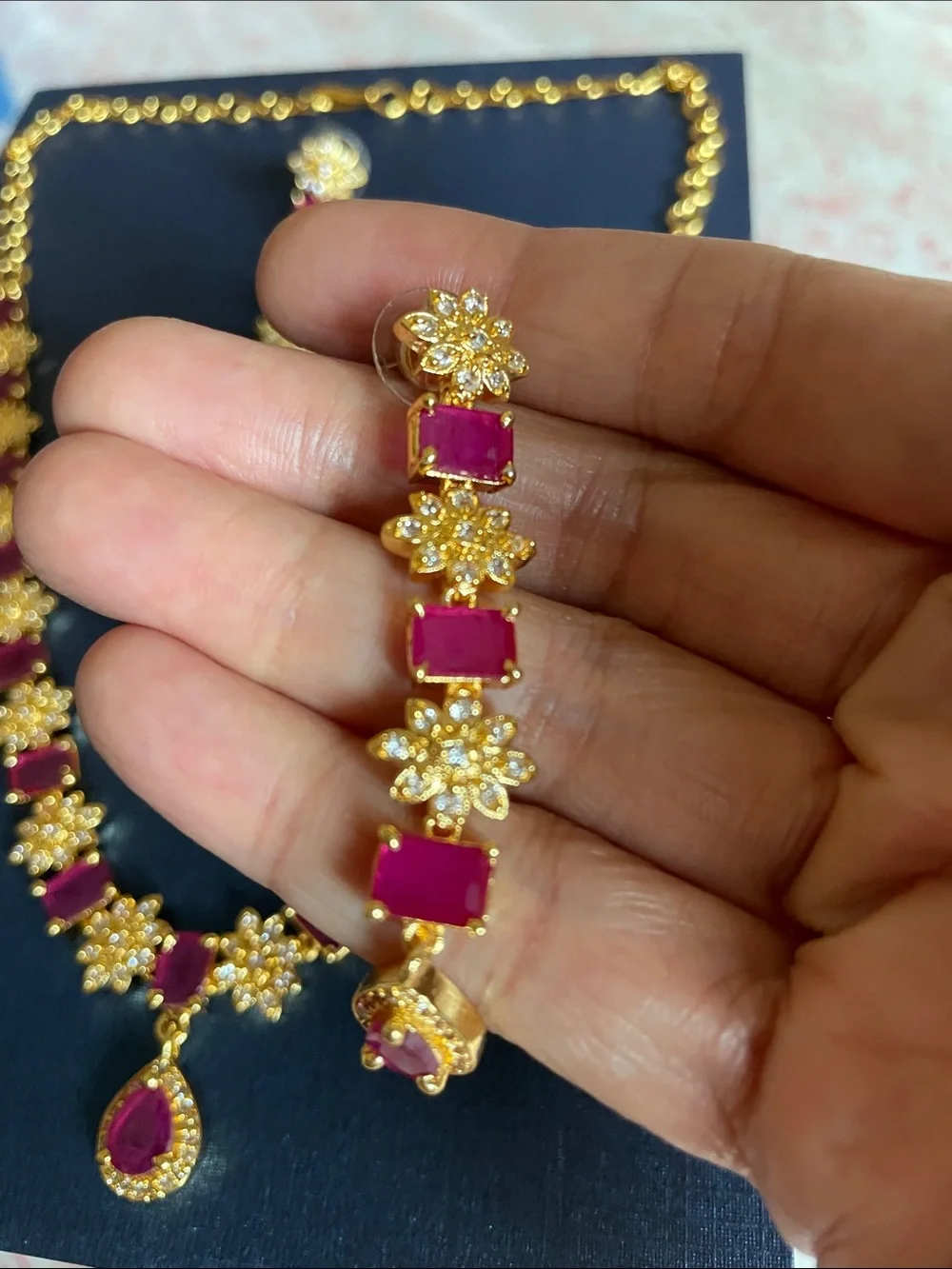 Gold-Plated Necklace and Earring Set with Pink Gemstones